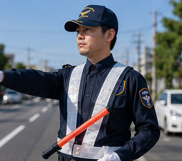 街頭で交通誘導を行うHKクリエーションの警備員