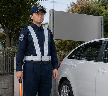 街の安全を見守るHKクリエーションの警備員